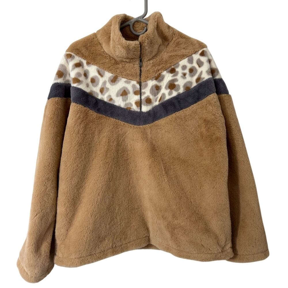 Hem‎ & Thread Tan Faux Fur 1/4 Zip Pullover Womens Size Large